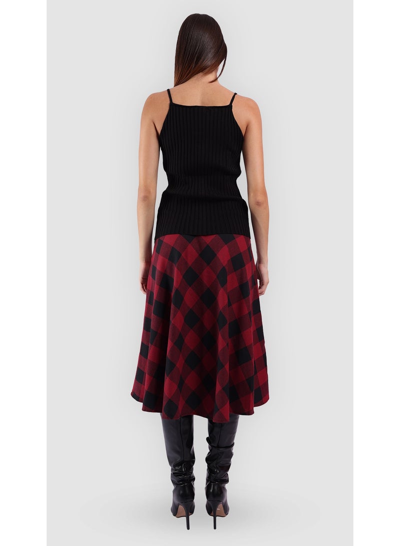KYVELi Women’s Checked Midi Skirt with Flared Hem – Red - Image 5