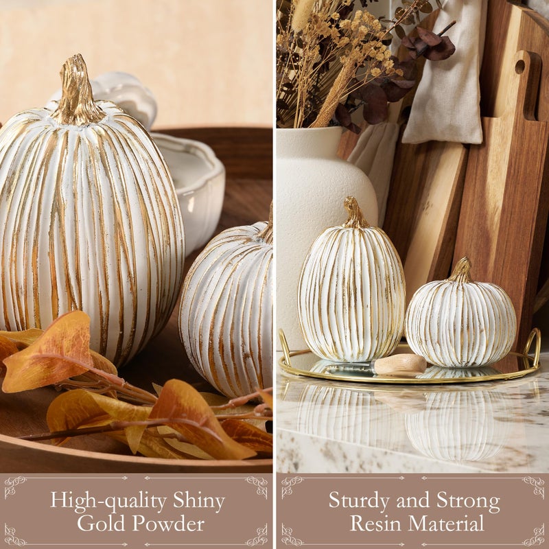 DN DECONATION Fall Decor-2PCS Fake Resin Autumn Pumpkins Decorations for Thanksgiving Home Table Centerpiece Shelf Mantel Decor  Fall Season Artificial Decorative Pumpkins for Indoor Kitchen Harvest White&Gold - Image 4
