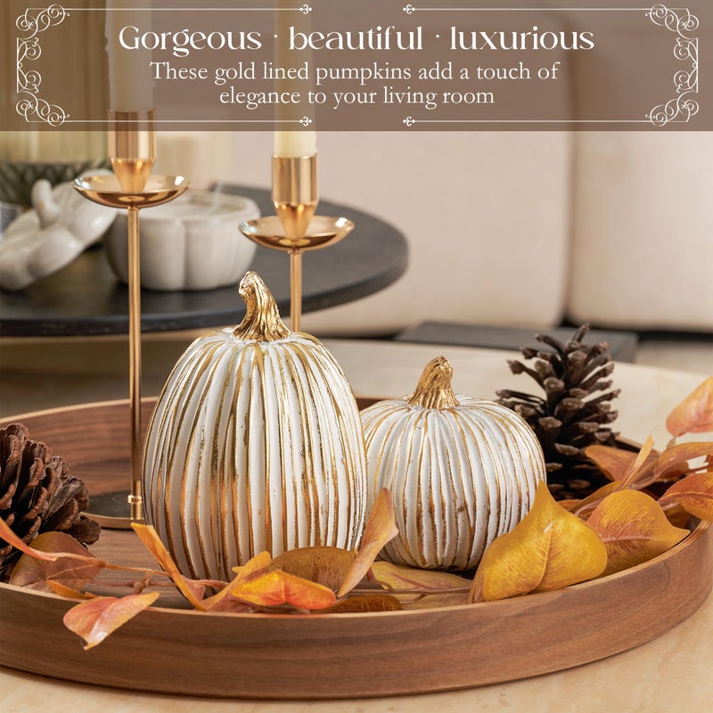 DN DECONATION Fall Decor-2PCS Fake Resin Autumn Pumpkins Decorations for Thanksgiving Home Table Centerpiece Shelf Mantel Decor  Fall Season Artificial Decorative Pumpkins for Indoor Kitchen Harvest White&Gold - Image 2