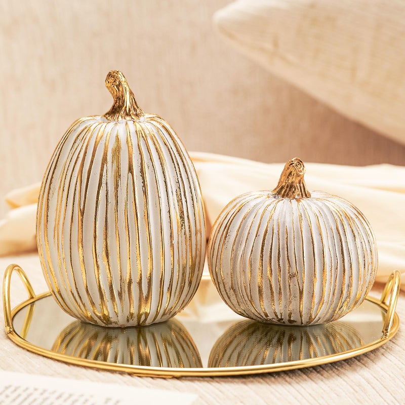 DN DECONATION Fall Decor-2PCS Fake Resin Autumn Pumpkins Decorations for Thanksgiving Home Table Centerpiece Shelf Mantel Decor  Fall Season Artificial Decorative Pumpkins for Indoor Kitchen Harvest White&Gold - Image 1
