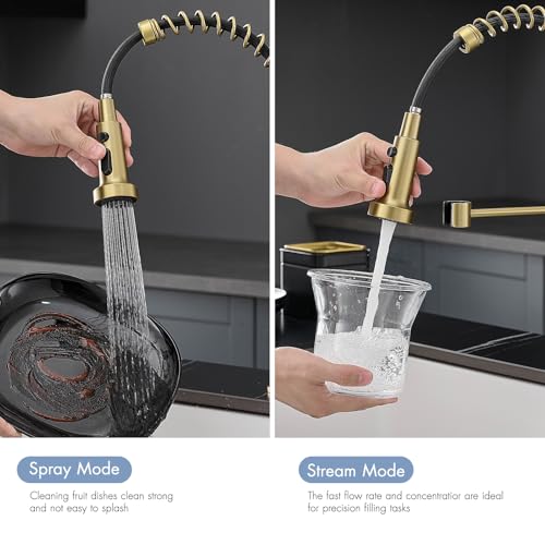 AIMADI Gold Kitchen Faucet with Pull Down Sprayer,Commercial Single Handle Brushed Gold Kitchen Sink Faucet with Deck Plate - Image 2