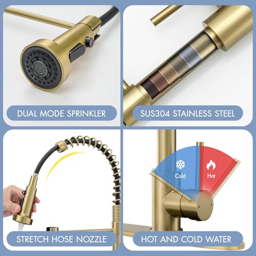 AIMADI Gold Kitchen Faucet with Pull Down Sprayer,Commercial Single Handle Brushed Gold Kitchen Sink Faucet with Deck Plate - Image 5