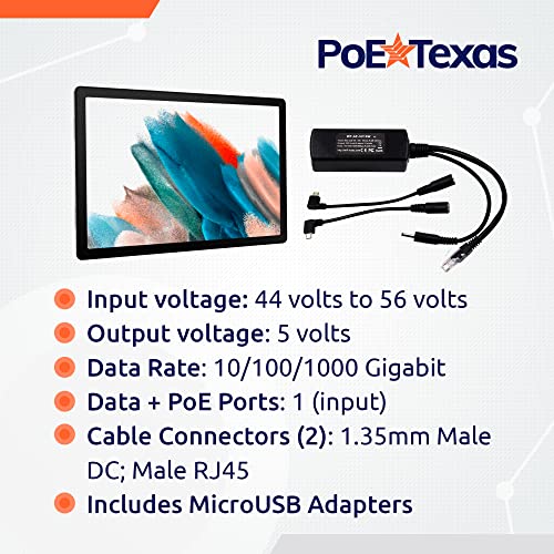 PoE Texas 802.3af Power Over Ethernet PoE Splitter + MicroUSB Connectors, 5 Volts 10 Watts Output & Gigabit Data - for 5V Power to Tablets, Dropcam, Raspberry Pi, Right & Left Angle MicroUSB Adapters - Image 3