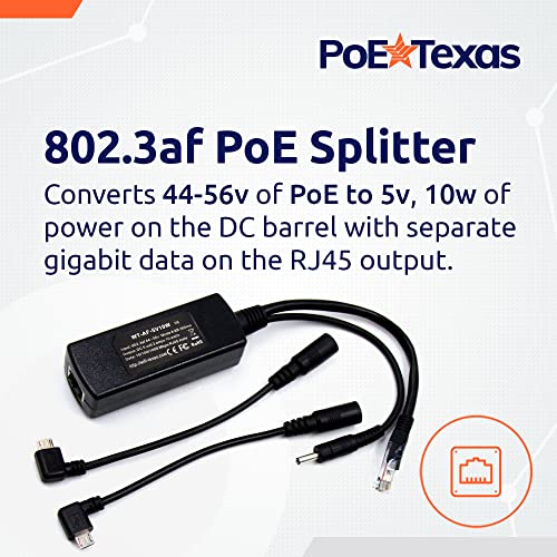 PoE Texas 802.3af Power Over Ethernet PoE Splitter + MicroUSB Connectors, 5 Volts 10 Watts Output & Gigabit Data - for 5V Power to Tablets, Dropcam, Raspberry Pi, Right & Left Angle MicroUSB Adapters - Image 2