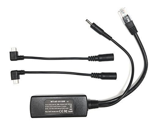 PoE Texas 802.3af Power Over Ethernet PoE Splitter + MicroUSB Connectors, 5 Volts 10 Watts Output & Gigabit Data - for 5V Power to Tablets, Dropcam, Raspberry Pi, Right & Left Angle MicroUSB Adapters - Image 1