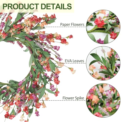 Artgar Front Door Wreath 24 Inch Spring/Summer Wreaths for Front Door, Front Door Wreaths for All Seasons for Indoor Outdoor Home Office Wall Window Wedding Farmhouse Decor (Red&Orange&Purple) - Image 2