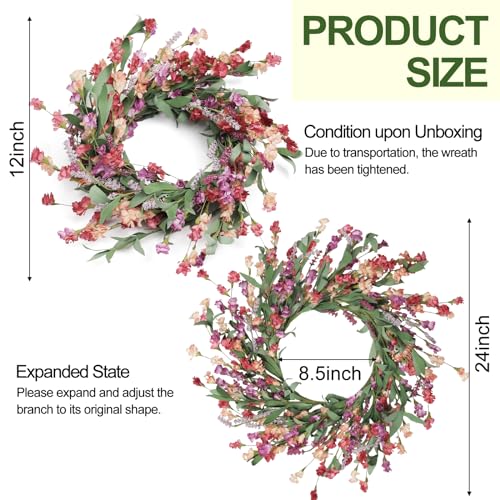 Artgar Front Door Wreath 24 Inch Spring/Summer Wreaths for Front Door, Front Door Wreaths for All Seasons for Indoor Outdoor Home Office Wall Window Wedding Farmhouse Decor (Red&Orange&Purple) - Image 5