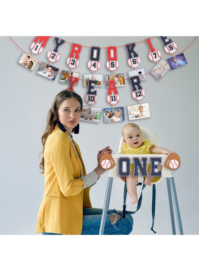 Geyee 2 Pcs 1St Birthday Monthly Photo Banner Rookie Of The Year 1St Birthday Banner Kid'S 1St Year Picture Banner One Birthday High Chair Banner Sports Party Supplies Shower Decorations (Baseball) - Image 4