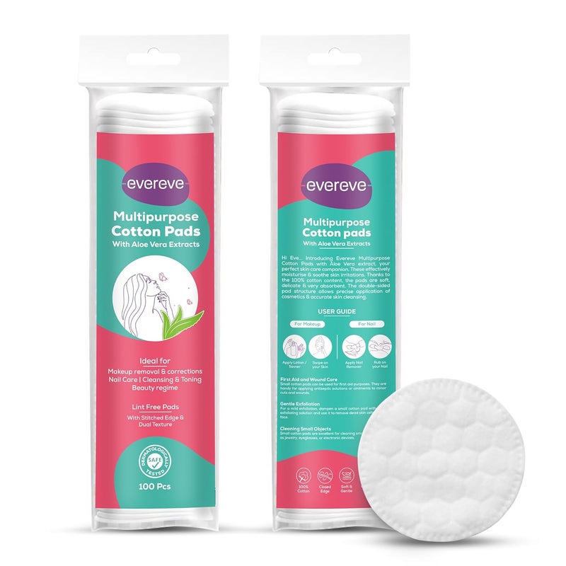 Evereve Evereve Multipurpose Cotton Pads 200 Pcs 100 Cotton With Aloe Vera Extracts Embossed Double Sided For Skin Cleaning Eye Face Makeup Removal Nail Polish Removal Pack of 2 100s each  - Image 1