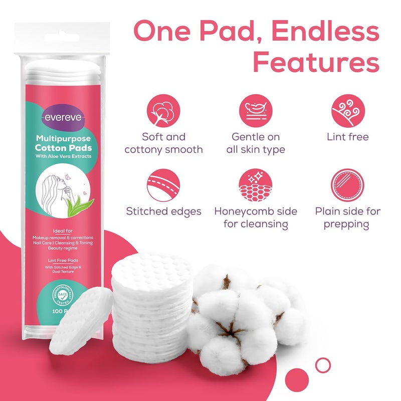 Evereve Evereve Multipurpose Cotton Pads 200 Pcs 100 Cotton With Aloe Vera Extracts Embossed Double Sided For Skin Cleaning Eye Face Makeup Removal Nail Polish Removal Pack of 2 100s each  - Image 3