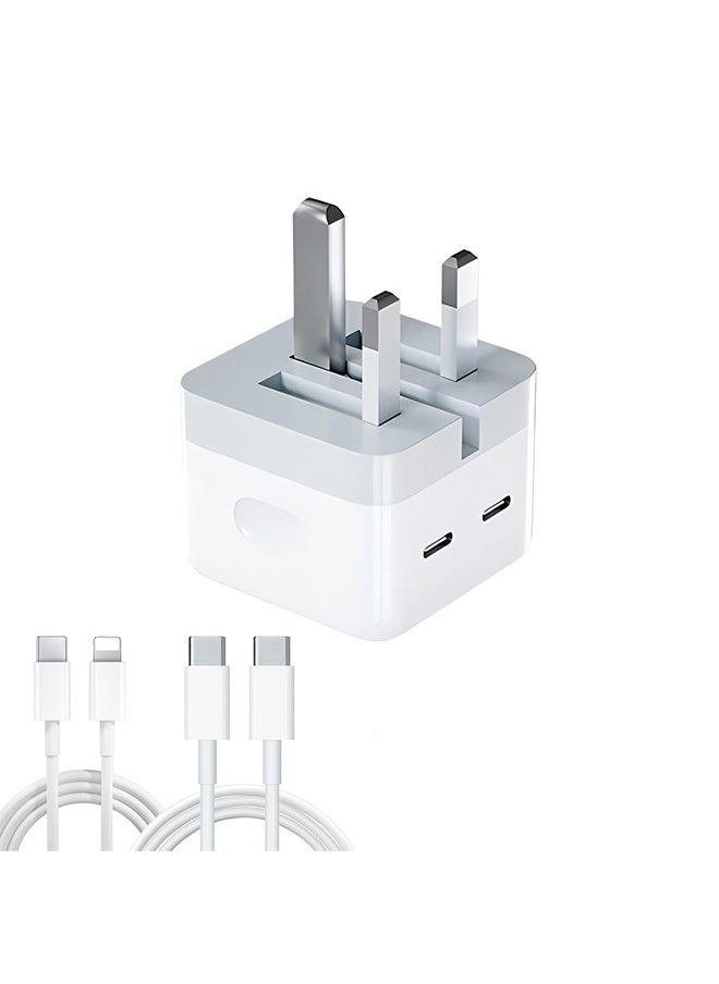 OULIYO - USB C Plug, 50W Dual USB C Fast Charger Plug Power Adapter with 2 Hharging Cables (C to C x 1, C to Lightning x 1) for iPhone 16/15/14/14 Plus/Pro/ 14 Pro Max/ 13/12/ 11/ X/Samsung/Pad/Speaker/AirPods - Image 1