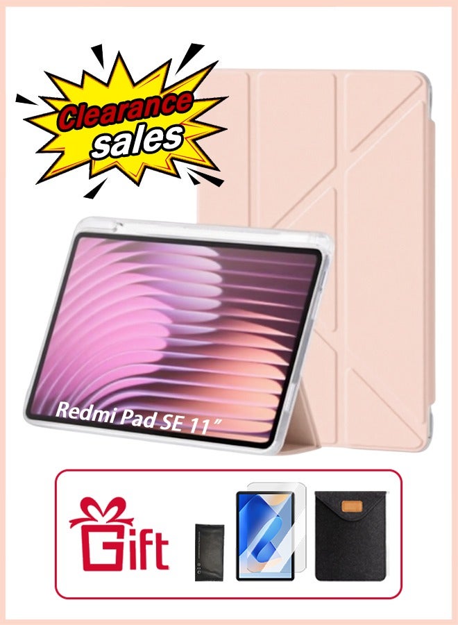 Redmi Pad SE 11 Inch Cover, For Redmi SE Cover With Pen Slot, Case For Shockproof Y Folding Stand, Transparent Tpu Protective Cover,  Flip Cover Stand Smart Wake-Up/ AED 23 Gift Set Anti-Glare Protective Film - Pink - Image 1