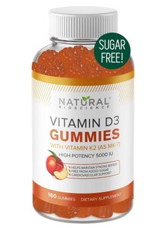Sugar Free Vitamin D3 K2 Gummies - Family Size 180 Vitamin D Gummies, Vitamin D3 5000 IU+K2 MK7 80 mcg, K2 D3 Vitamin Supplement, Vitamin D K2 for Bones, Immune, Heart, Mood, Kosher, Halal Gluten-Free