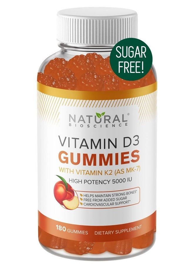 Natural BioScience - Sugar Free Vitamin D3 K2 Gummies - Family Size 180 Vitamin D Gummies, Vitamin D3 5000 IU+K2 MK7 80 mcg, K2 D3 Vitamin Supplement, Vitamin D K2 for Bones, Immune, Heart, Mood, Kosher, Halal Gluten-Free - Image 1
