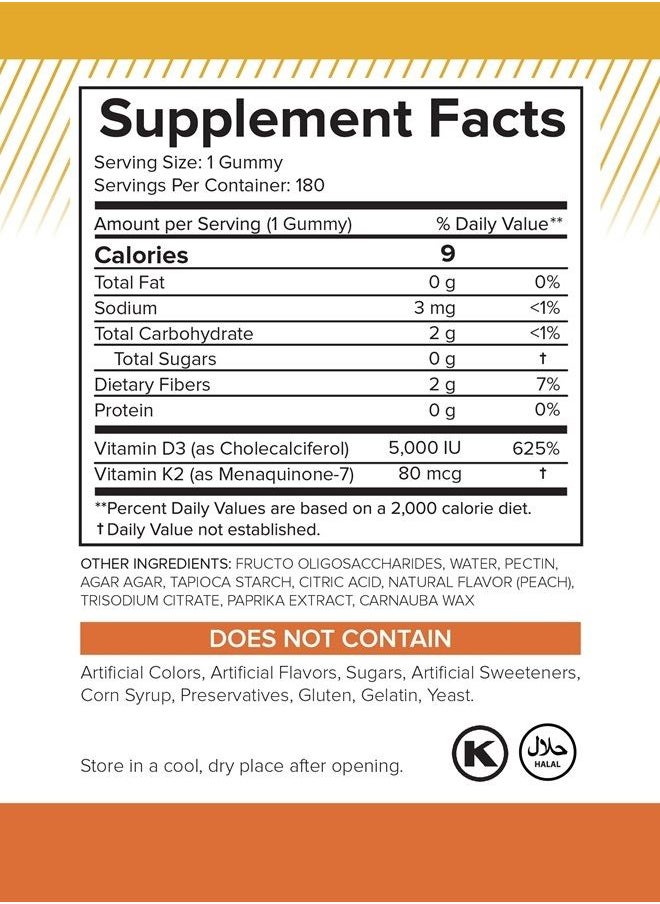 Natural BioScience - Sugar Free Vitamin D3 K2 Gummies - Family Size 180 Vitamin D Gummies, Vitamin D3 5000 IU+K2 MK7 80 mcg, K2 D3 Vitamin Supplement, Vitamin D K2 for Bones, Immune, Heart, Mood, Kosher, Halal Gluten-Free - Image 1
