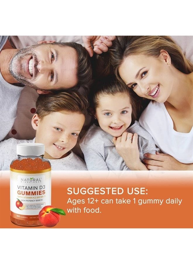 Natural BioScience - Sugar Free Vitamin D3 K2 Gummies - Family Size 180 Vitamin D Gummies, Vitamin D3 5000 IU+K2 MK7 80 mcg, K2 D3 Vitamin Supplement, Vitamin D K2 for Bones, Immune, Heart, Mood, Kosher, Halal Gluten-Free - Image 1