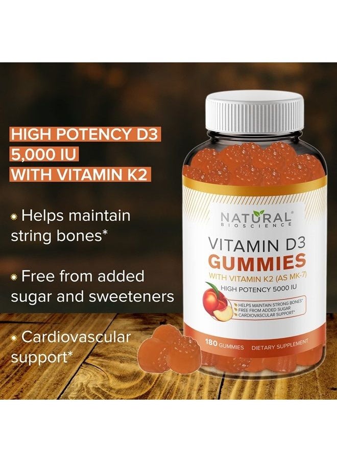 Natural BioScience - Sugar Free Vitamin D3 K2 Gummies - Family Size 180 Vitamin D Gummies, Vitamin D3 5000 IU+K2 MK7 80 mcg, K2 D3 Vitamin Supplement, Vitamin D K2 for Bones, Immune, Heart, Mood, Kosher, Halal Gluten-Free - Image 1