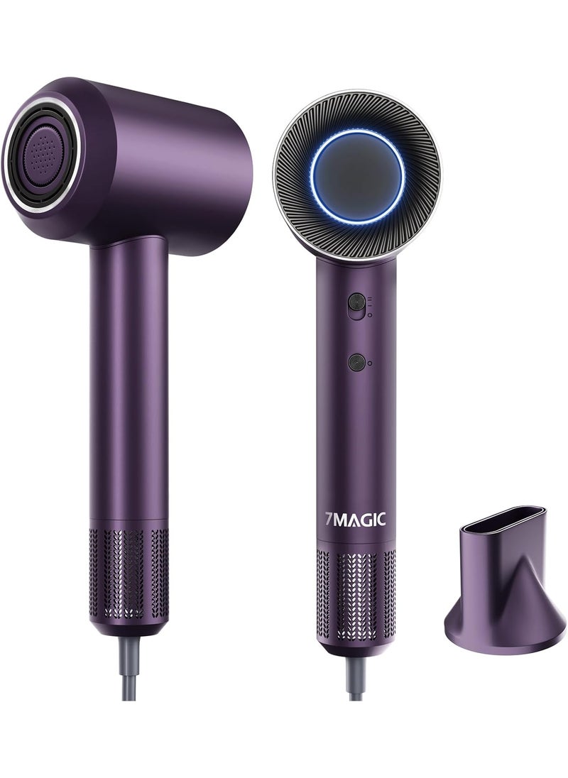7MAGIC 7MAGIC HighSpeed Hair Dryer 110000RPM Brushless Motor for Fast Drying 1400W Blow Dryer with TriColour LED Light Ring Low Noise Ionic Hair Dryer for Home and Travel Magnetic Nozzle Purple 
