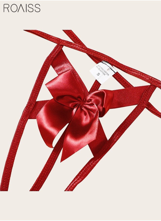 roaiss - 3-piece Women's Bow Underwear Set Hollow Tie Red Home Underwear - Image 1