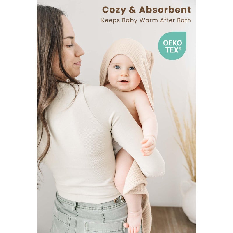 Konssy 2-Pack Muslin Hooded Baby Towels, 100% Cotton, Ultra-Soft & Absorbent Baby Bath Towels with Hood for Newborn & Infant (Cream, Blossom,32" x 32") - Image 2