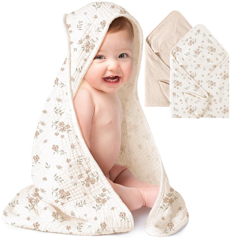 Konssy 2-Pack Muslin Hooded Baby Towels, 100% Cotton, Ultra-Soft & Absorbent Baby Bath Towels with Hood for Newborn & Infant (Cream, Blossom,32" x 32") - Image 1