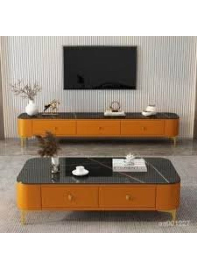 Modern rectangular coffee table featuring a black faux-marble tabletop, orange upholstered storage drawers, and gold legs. - Image 4