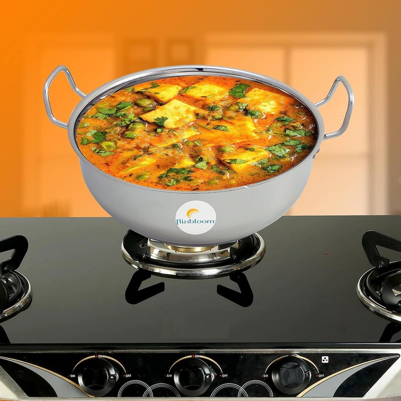FLIXBLOOM FLIXBLOOM Glossy Stainless Steel Induction Base Cookware Set Kadai for Kitchen Perfect Cooking SS Kadhai 35 Litre  - Image 1