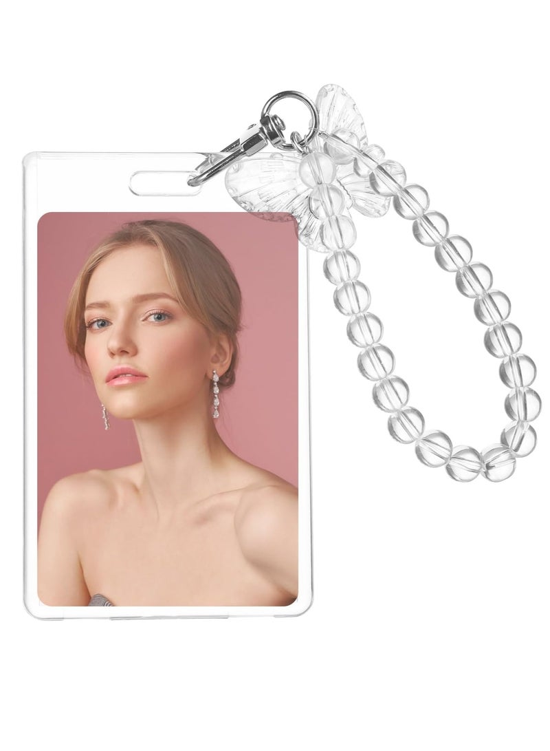 Hicomony Acrylic Photocard Holder Key chain ID Badge Holder with Spiral Wrist Coil ID Card Holder Photo Card Protector for School ID Office ID Access Card for Women Girls  - Image 1