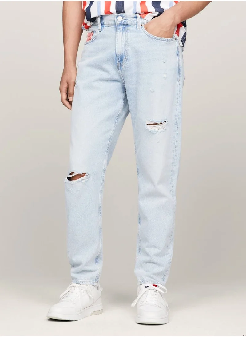 TOMMY JEANS Men's Isaac Archive Relaxed Tapered Distressed Jeans -  Rigid denim, Light Blue