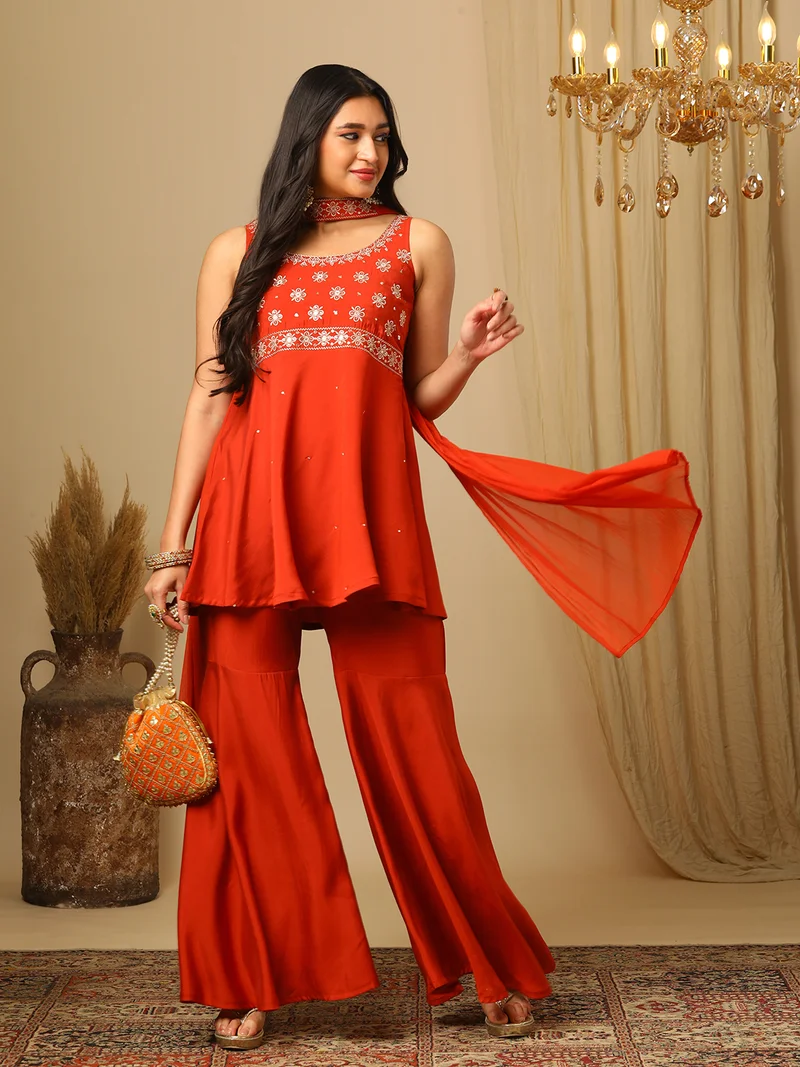 globus Women Embroidered Sleeveless Top Trouser & Dupatta Co-Ords