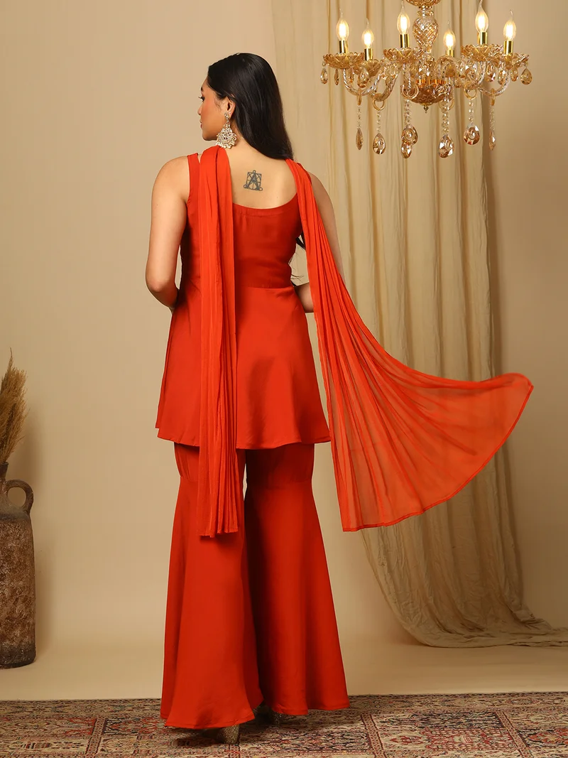globus Women Embroidered Sleeveless Top Trouser & Dupatta Co-Ords