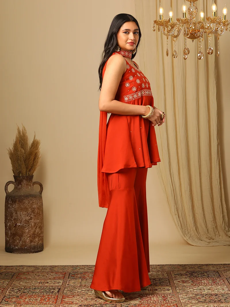 globus Women Embroidered Sleeveless Top Trouser & Dupatta Co-Ords