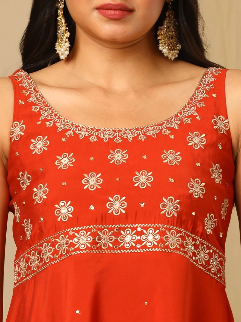 globus Women Embroidered Sleeveless Top Trouser & Dupatta Co-Ords
