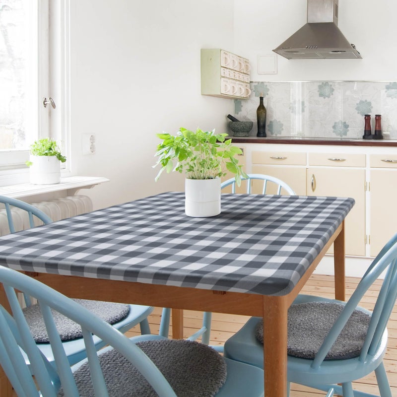 Sorfey Kitchen Tablecloth Fitted with Elastic Vinyl with Flannel Back Fits for Table 36 w x 60 L RectangleWater Proof Easy to Clean Checked Grey Design