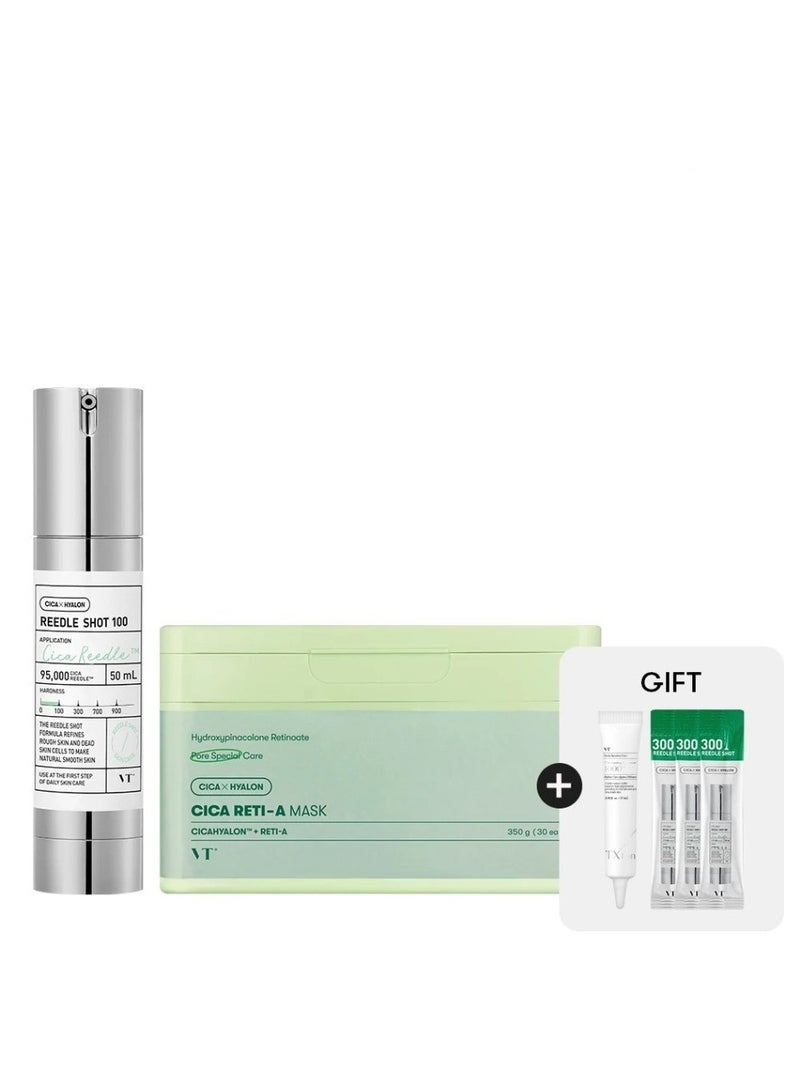 VT COSMETICS VT COSMETICS CICA Reedle Shot 100 Serum 50ml + Reti-A Mask Sheet 30ea | Microneedling Exosome Serum & Daily Retinol Glow Mask for Smooth, Radiant Korean Glass Skin - Image 1