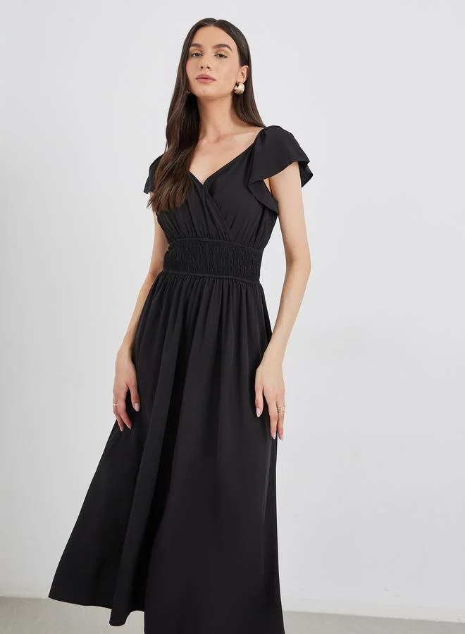 Take Two Take Two Solid Smocked Waist V-Neck Midi Dress