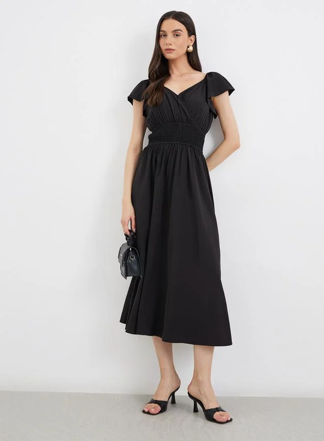 Take Two Take Two Solid Smocked Waist V-Neck Midi Dress