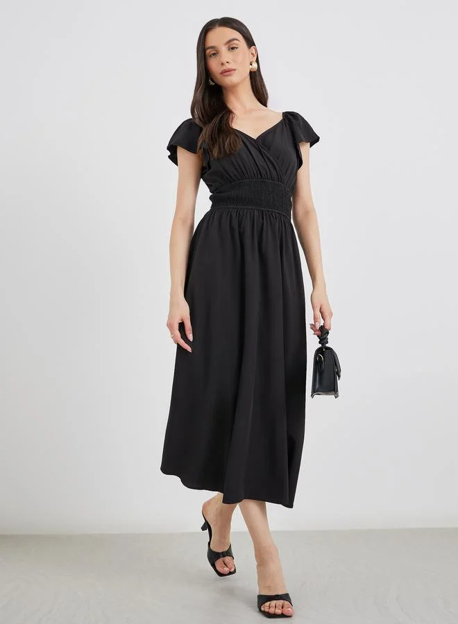 Take Two Take Two Solid Smocked Waist V-Neck Midi Dress