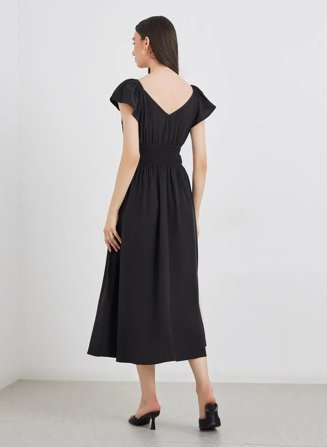 Take Two Take Two Solid Smocked Waist V-Neck Midi Dress