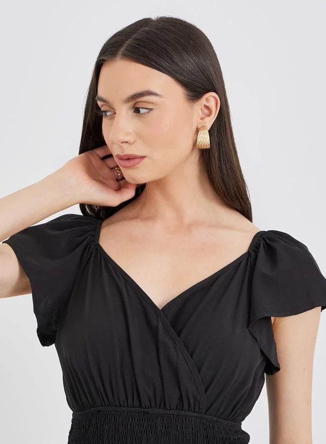Take Two Take Two Solid Smocked Waist V-Neck Midi Dress