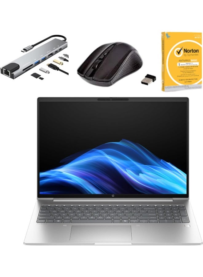 HP ProBook 4 G1iR Laptops, 16″ WUXGA IPS Display, Intel Core 7 150U Processor, 16GB DDR5 Memory, 1TB SSD Storage, Pike silver aluminum With 8 in 1 Type-c Hub,W/L Mouse,Anti Virus, English Pike Silver - Image 1