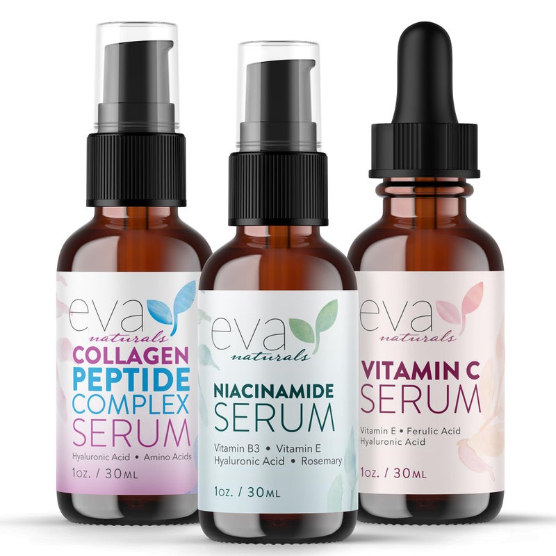 Eva Naturals Firm & Glow Serum Bundle â€“ Vitamin C, Peptide & Niacinamide Serums â€“ Anti-Aging Face Serum Set for Wrinkles, Glow, Pores, Hydration â€“ Collagen Boosting Skin Care Routine - Image 1