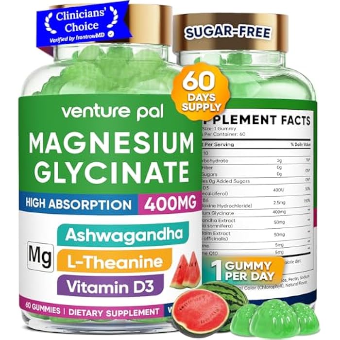 Venture Pal 60 Day Supply Magnesium Glycinate 400mg Gummies with Ashwagandha, L-Theanine, CoQ10, Vitamin D3 & B6, Sugar Free Magnesium Gummies for Adults & Kids, Stress Relief, Sleep & Calm, Vegan, Gluten Free - Image 1