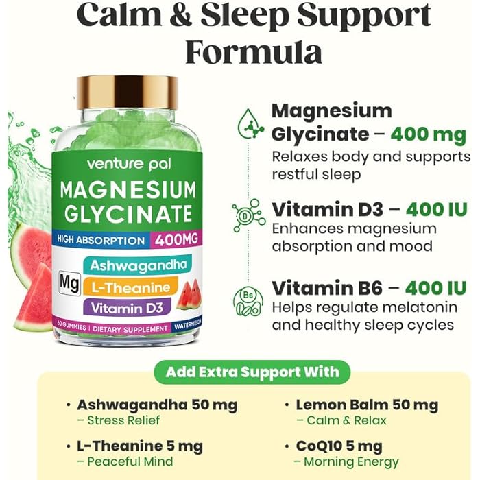 Venture Pal 60 Day Supply Magnesium Glycinate 400mg Gummies with Ashwagandha, L-Theanine, CoQ10, Vitamin D3 & B6, Sugar Free Magnesium Gummies for Adults & Kids, Stress Relief, Sleep & Calm, Vegan, Gluten Free - Image 3