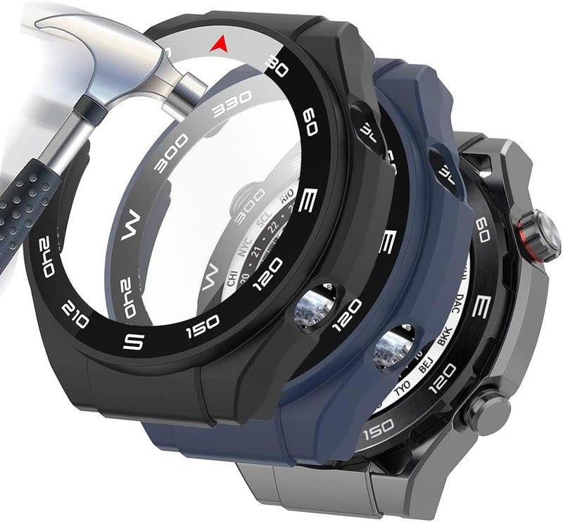SWIUKPHE 2 غطاء حماية أسود وأزرق 360 درجة لساعة Huawei Watch Ultimate، غطاء كمبيوتر فائق النحافة مع واقي شاشة زجاجي مقوى، غطاء حماية شامل للساعة الذكية لمنع الخدوش - Image 1