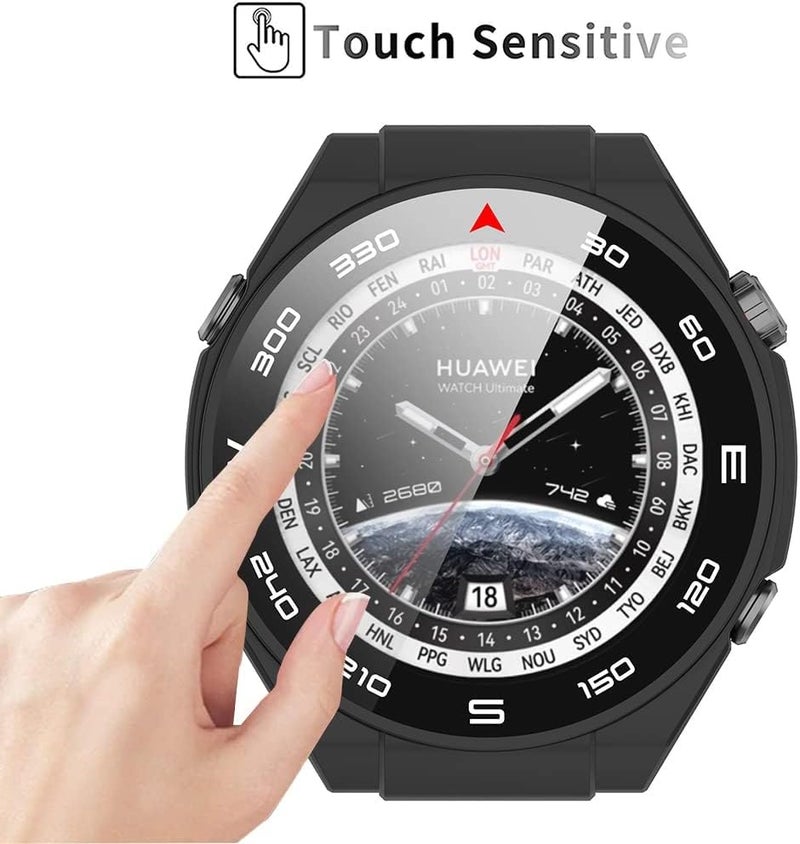 SWIUKPHE 2 غطاء حماية أسود وأزرق 360 درجة لساعة Huawei Watch Ultimate، غطاء كمبيوتر فائق النحافة مع واقي شاشة زجاجي مقوى، غطاء حماية شامل للساعة الذكية لمنع الخدوش - Image 5