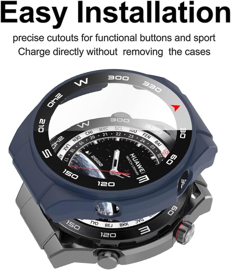 SWIUKPHE 2 غطاء حماية أسود وأزرق 360 درجة لساعة Huawei Watch Ultimate، غطاء كمبيوتر فائق النحافة مع واقي شاشة زجاجي مقوى، غطاء حماية شامل للساعة الذكية لمنع الخدوش - Image 3