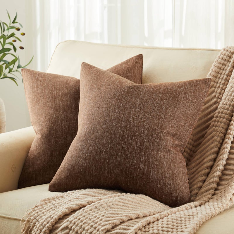 ZeeMart Rustic Cotton Linen Throw Pillow Covers Set of 2, 18x18 Inch Brown, Farmhouse Style Decorative Couch Pillow Cases Cushion Covers for Sofa Bed Living Room Home Decor - Image 1