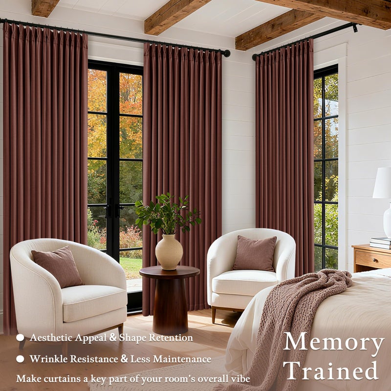 TWODRAPES Maroon Blackout Pinch Pleated Linen Curtains 105 Inches Long for Living Room 2 Panels Thermal Insulted Dual Layer Drapes Ceiling Floor 105 Inch Window Curtains Bedroom Chestnut Reddish Brown - Image 4