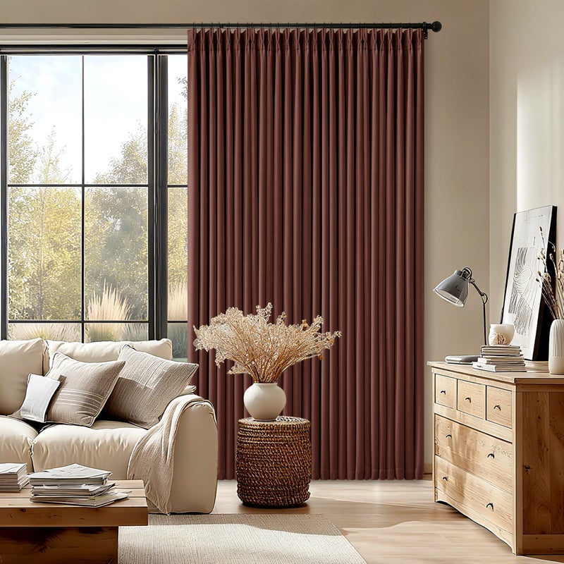 TWODRAPES Maroon Blackout Pinch Pleated Linen Curtains 105 Inches Long for Living Room 2 Panels Thermal Insulted Dual Layer Drapes Ceiling Floor 105 Inch Window Curtains Bedroom Chestnut Reddish Brown - Image 1